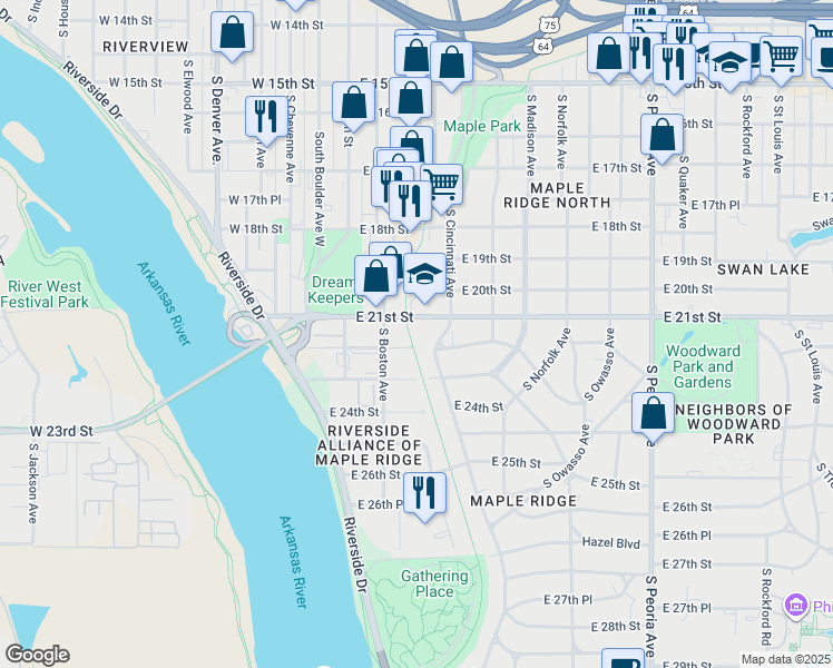 map of restaurants, bars, coffee shops, grocery stores, and more near 116 East 21st Street in Tulsa