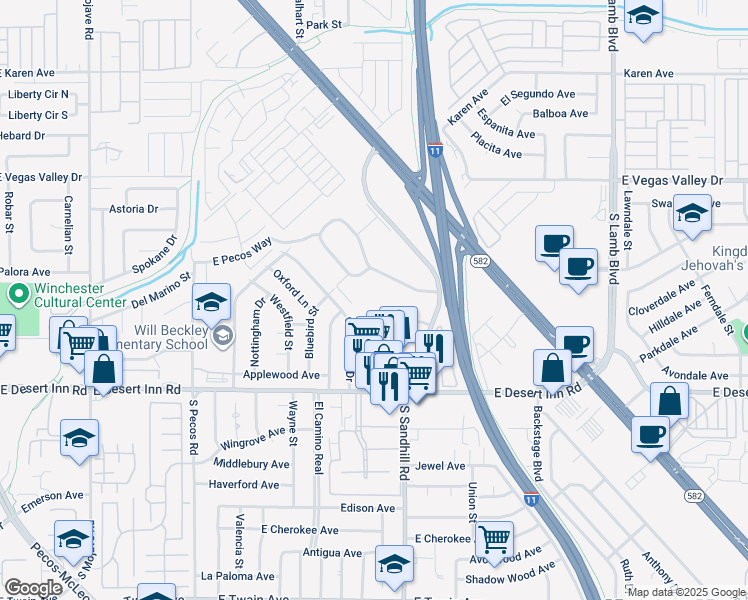 map of restaurants, bars, coffee shops, grocery stores, and more near 225 Greenbriar Townhouse Way in Las Vegas