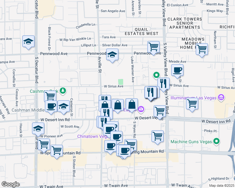 map of restaurants, bars, coffee shops, grocery stores, and more near 42-59 West Sirius Avenue in Las Vegas