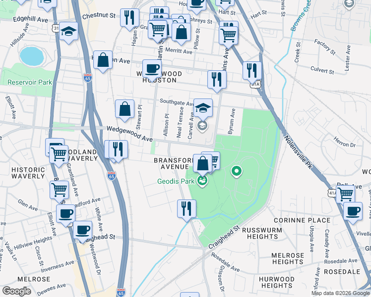 map of restaurants, bars, coffee shops, grocery stores, and more near 526 Wedgewood Avenue in Nashville