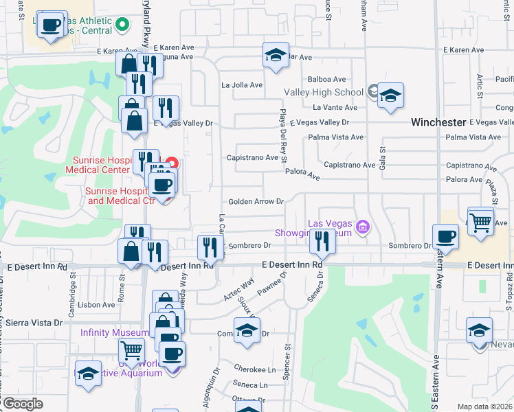 map of restaurants, bars, coffee shops, grocery stores, and more near 1643 Golden Arrow Drive in Las Vegas