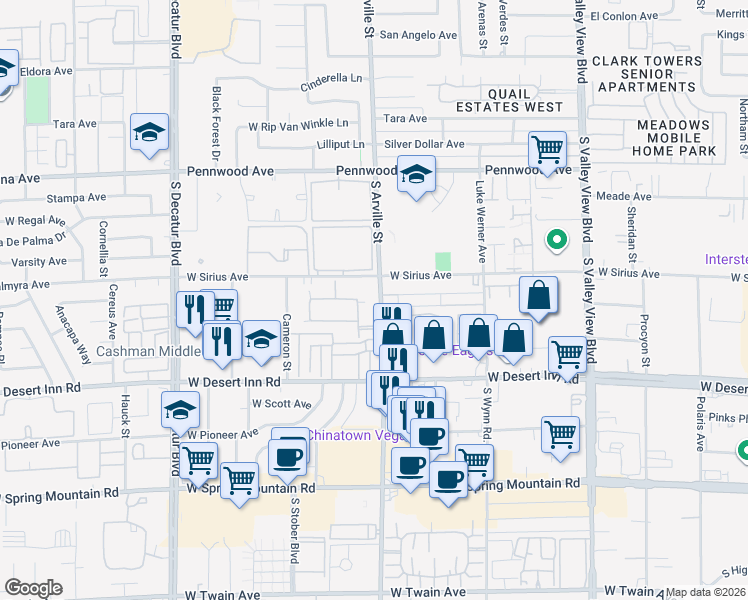 map of restaurants, bars, coffee shops, grocery stores, and more near 3143 Arville Street in Las Vegas