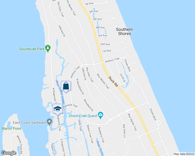 map of restaurants, bars, coffee shops, grocery stores, and more near 249 Wax Myrtle Trail in Kitty Hawk