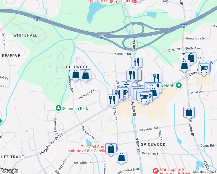map of restaurants, bars, coffee shops, grocery stores, and more near 4140 Baylor Street in Greensboro