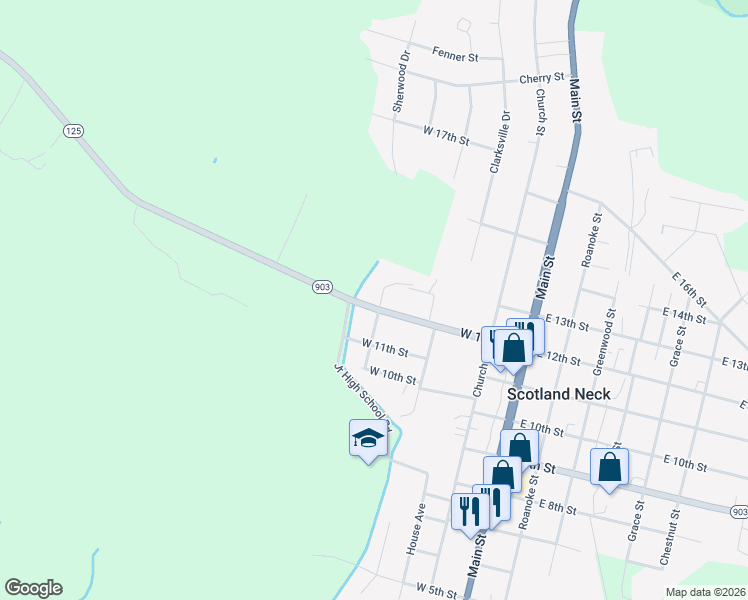 map of restaurants, bars, coffee shops, grocery stores, and more near 1139 Bryan Avenue in Scotland Neck