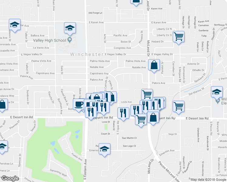 map of restaurants, bars, coffee shops, grocery stores, and more near 3130 Plaza Street in Las Vegas