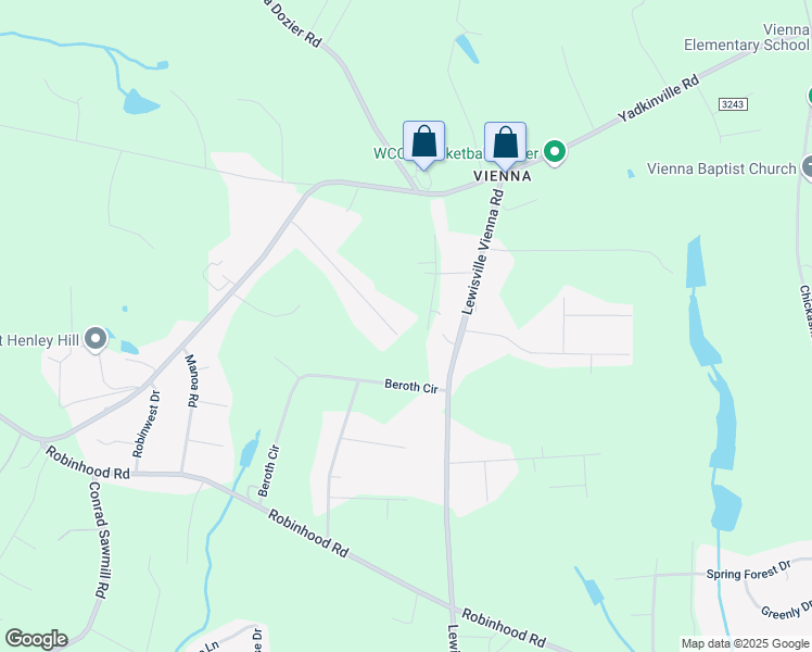 map of restaurants, bars, coffee shops, grocery stores, and more near 7445 Pine Trail Road in Pfafftown
