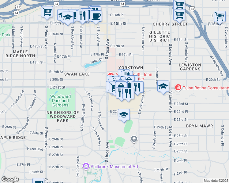 map of restaurants, bars, coffee shops, grocery stores, and more near 1714 Utica Square in Tulsa