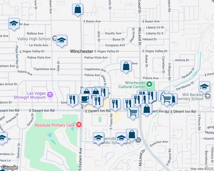 map of restaurants, bars, coffee shops, grocery stores, and more near 3130 Plaza Street in Las Vegas