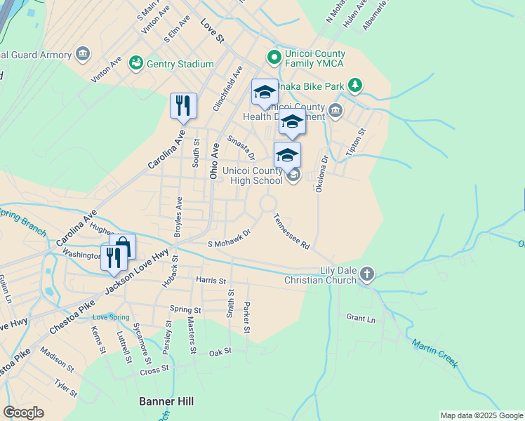 map of restaurants, bars, coffee shops, grocery stores, and more near 698 Sinasta Drive in Erwin