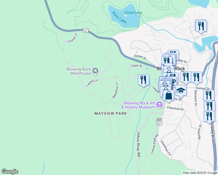 map of restaurants, bars, coffee shops, grocery stores, and more near 944 Laurel Ln in Blowing Rock