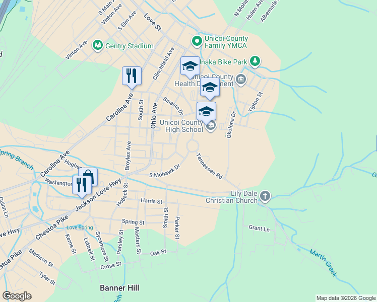 map of restaurants, bars, coffee shops, grocery stores, and more near 501 South Mohawk Drive in Erwin