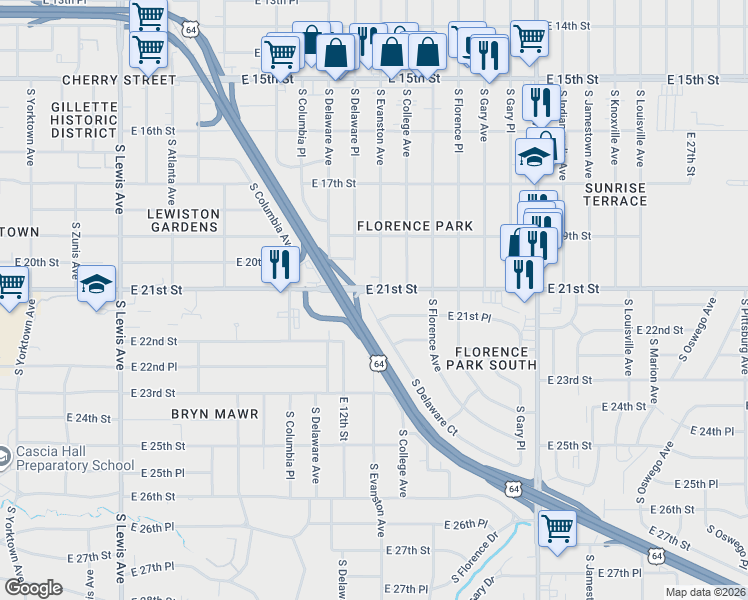 map of restaurants, bars, coffee shops, grocery stores, and more near 2117 South Delaware Court in Tulsa