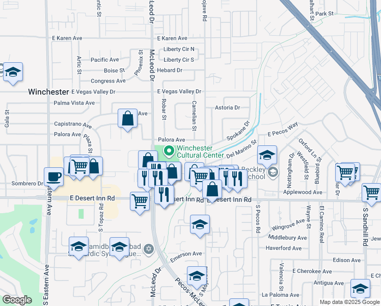 map of restaurants, bars, coffee shops, grocery stores, and more near 3115 Palora Avenue in Las Vegas