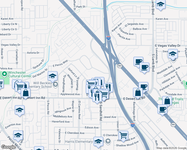 map of restaurants, bars, coffee shops, grocery stores, and more near 223 Greenbriar Townhouse Way in Las Vegas