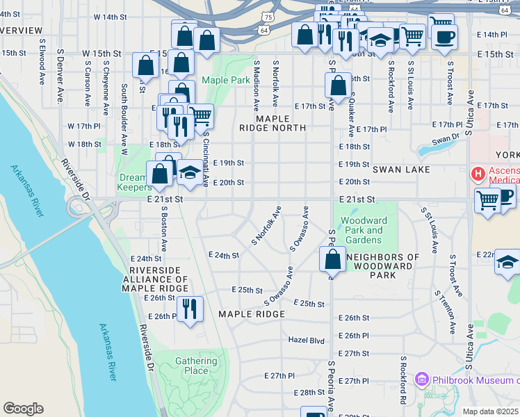 map of restaurants, bars, coffee shops, grocery stores, and more near 2101 South Madison Avenue in Tulsa