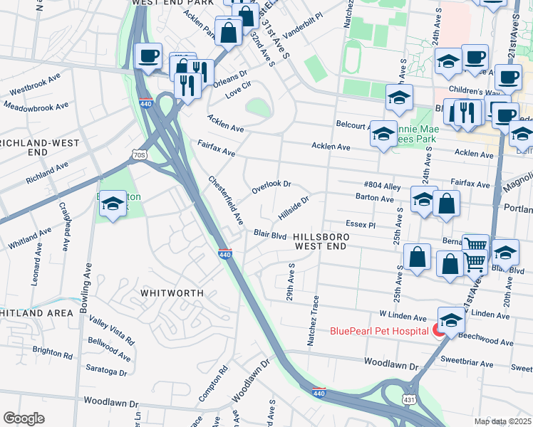 map of restaurants, bars, coffee shops, grocery stores, and more near 2201 Westview Drive in Nashville