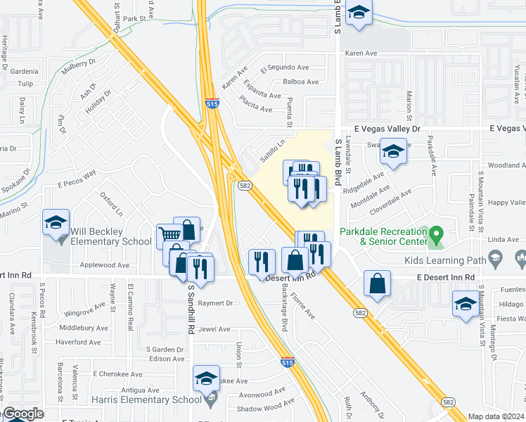 map of restaurants, bars, coffee shops, grocery stores, and more near 2990 Saltillo Lane in Las Vegas