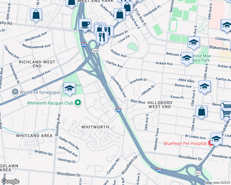 map of restaurants, bars, coffee shops, grocery stores, and more near 406 Lancaster Avenue in Nashville