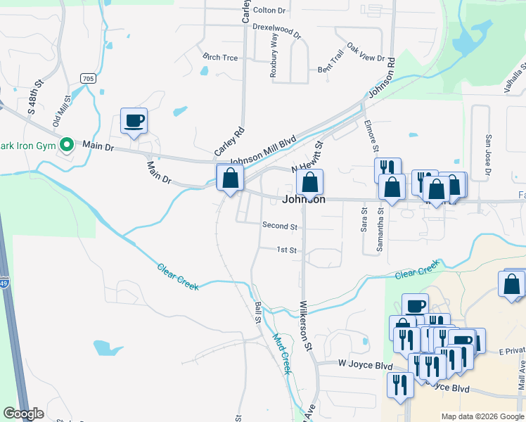 map of restaurants, bars, coffee shops, grocery stores, and more near in Johnson