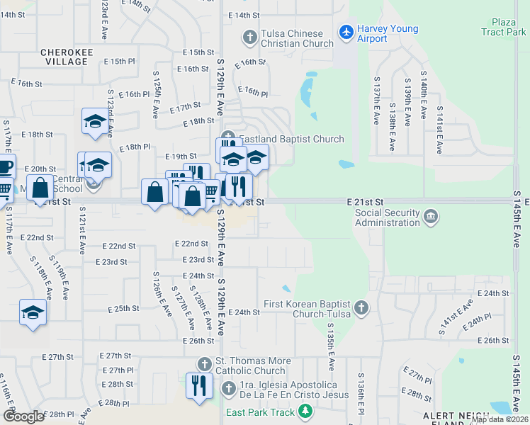map of restaurants, bars, coffee shops, grocery stores, and more near 12929 East 21st Street in Tulsa