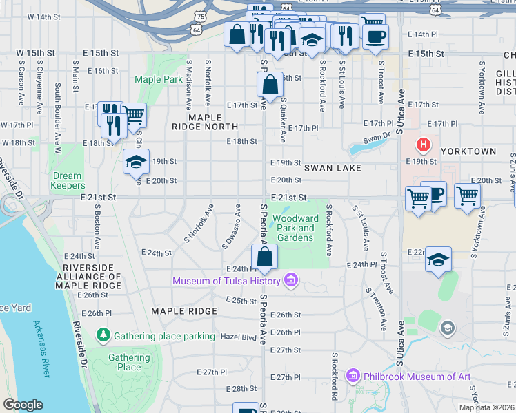map of restaurants, bars, coffee shops, grocery stores, and more near in Tulsa