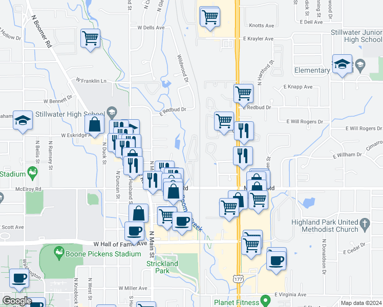 map of restaurants, bars, coffee shops, grocery stores, and more near 1111 N Lewis St in Stillwater