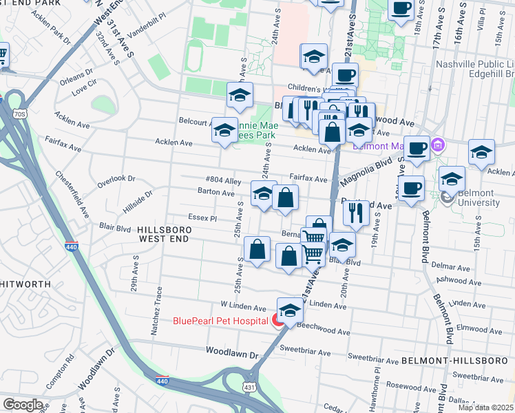map of restaurants, bars, coffee shops, grocery stores, and more near 2408 Barton Avenue in Nashville