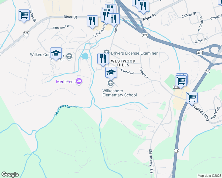 map of restaurants, bars, coffee shops, grocery stores, and more near 1248 School Street in Wilkesboro