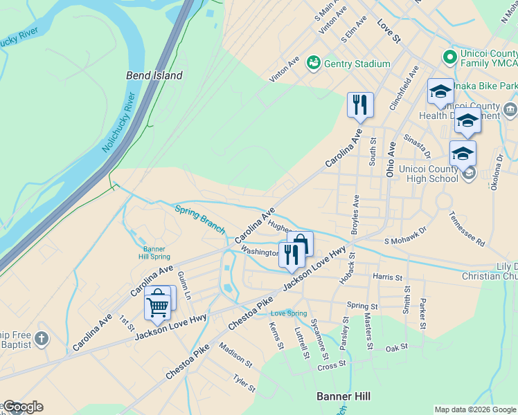map of restaurants, bars, coffee shops, grocery stores, and more near 101 Spar Street in Erwin