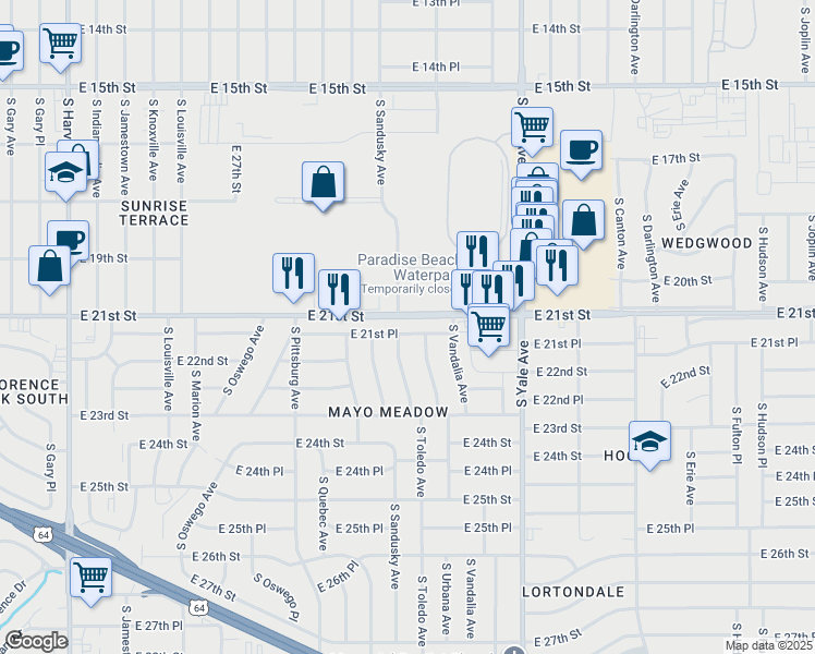 map of restaurants, bars, coffee shops, grocery stores, and more near 4531 East 21st Street in Tulsa