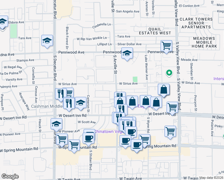 map of restaurants, bars, coffee shops, grocery stores, and more near 3142 Juanita Drive in Las Vegas