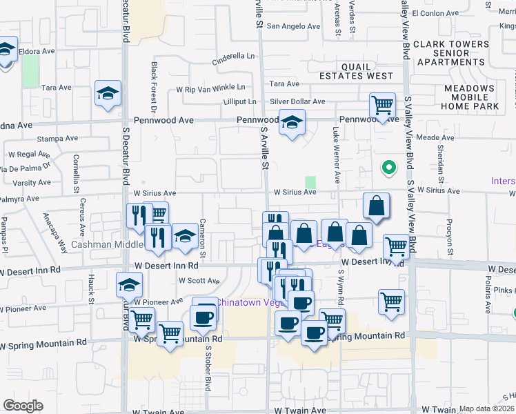 map of restaurants, bars, coffee shops, grocery stores, and more near 3142 Juanita Drive in Las Vegas
