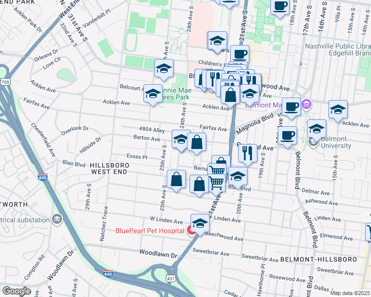 map of restaurants, bars, coffee shops, grocery stores, and more near 2000 24th Avenue South in Nashville