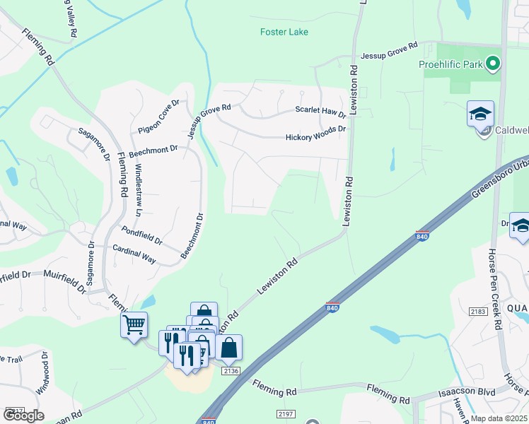 map of restaurants, bars, coffee shops, grocery stores, and more near 4793 Silver Creek Drive in Greensboro