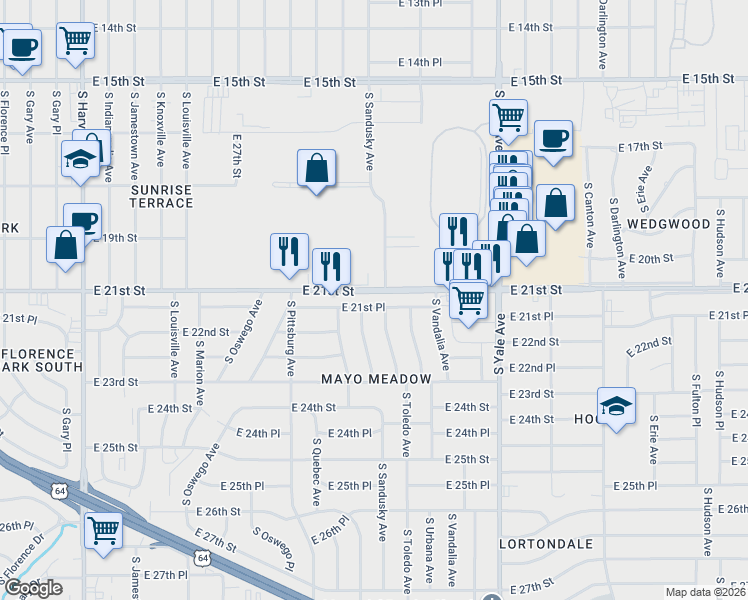 map of restaurants, bars, coffee shops, grocery stores, and more near in Tulsa