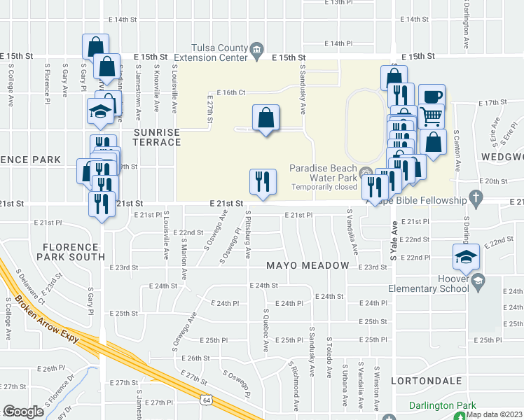 map of restaurants, bars, coffee shops, grocery stores, and more near 4119 East 21st Place in Tulsa