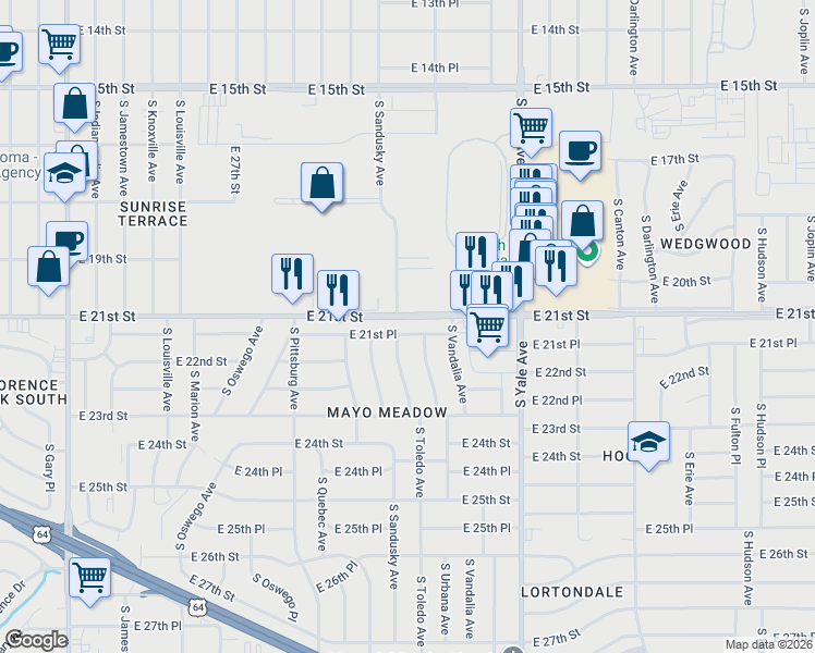 map of restaurants, bars, coffee shops, grocery stores, and more near 4531 East 21st Street in Tulsa