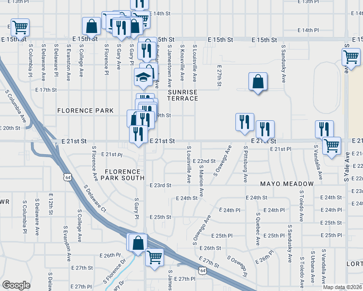 map of restaurants, bars, coffee shops, grocery stores, and more near 1947 South Knoxville Avenue in Tulsa