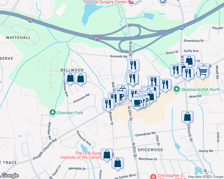 map of restaurants, bars, coffee shops, grocery stores, and more near 4112 Baylor Street in Greensboro