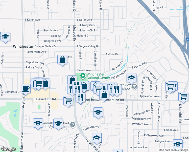 map of restaurants, bars, coffee shops, grocery stores, and more near 3135 South Mojave Road in Las Vegas