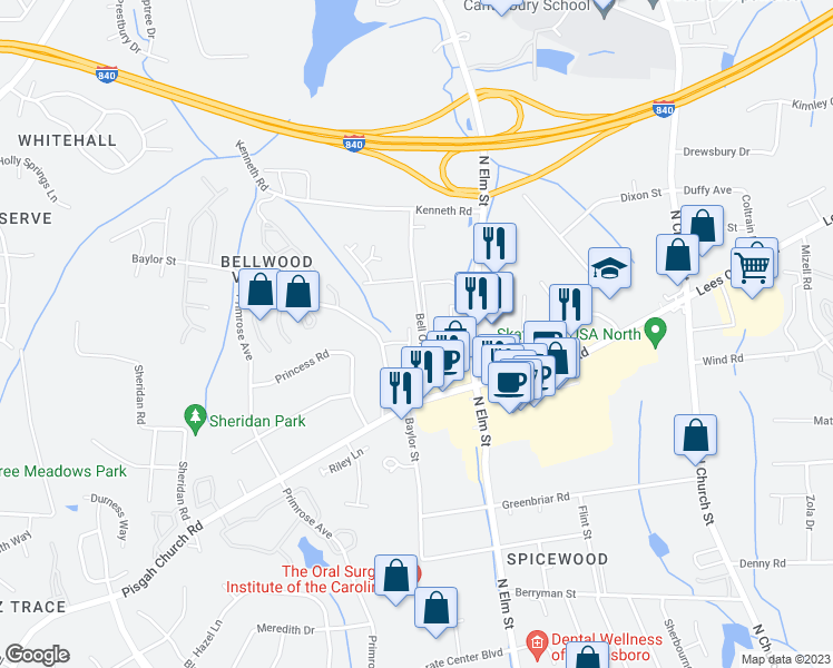 map of restaurants, bars, coffee shops, grocery stores, and more near 4112 Baylor Street in Greensboro