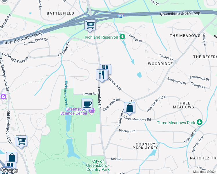 map of restaurants, bars, coffee shops, grocery stores, and more near 4400 Lawndale Drive in Greensboro