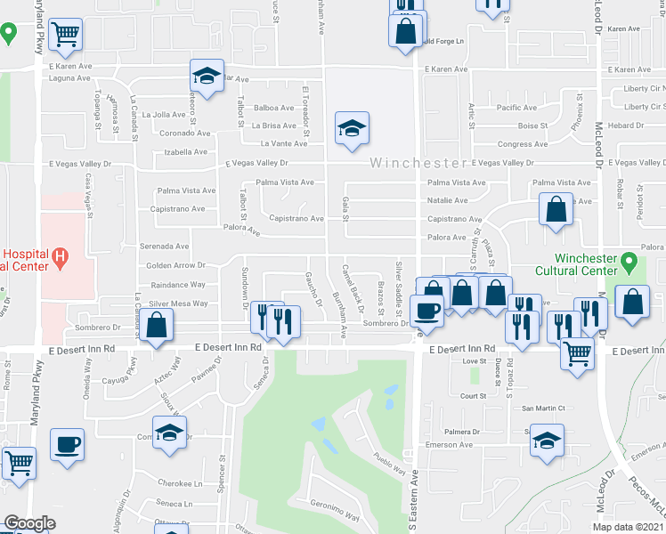 map of restaurants, bars, coffee shops, grocery stores, and more near 2178 Golden Arrow Drive in Las Vegas