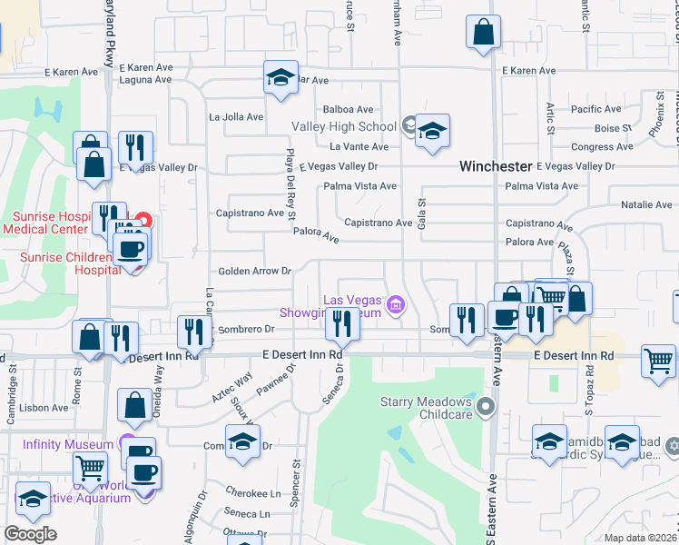 map of restaurants, bars, coffee shops, grocery stores, and more near 1860 Golden Arrow Drive in Las Vegas