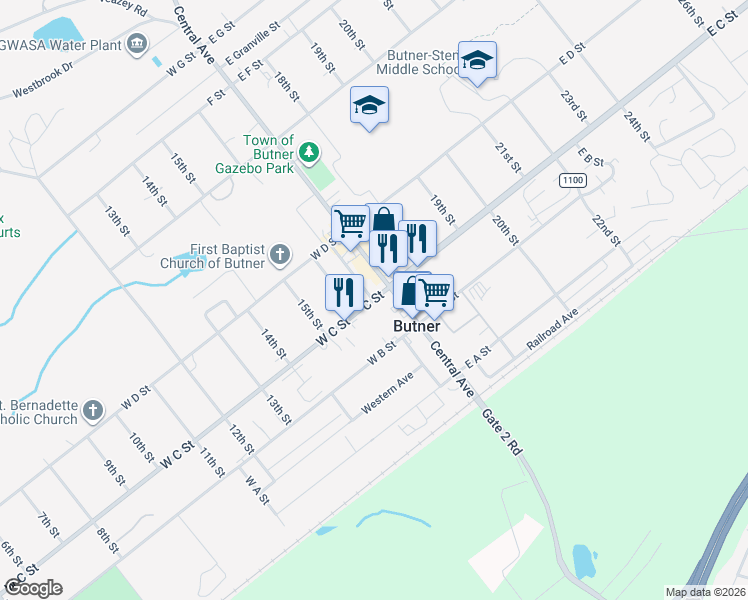 map of restaurants, bars, coffee shops, grocery stores, and more near 106 West C Street in Butner