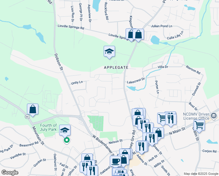 map of restaurants, bars, coffee shops, grocery stores, and more near 216 Oxford Ridge Lane in Kernersville