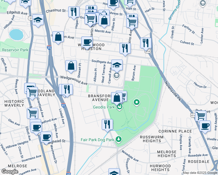 map of restaurants, bars, coffee shops, grocery stores, and more near 526 Wedgewood Avenue in Nashville
