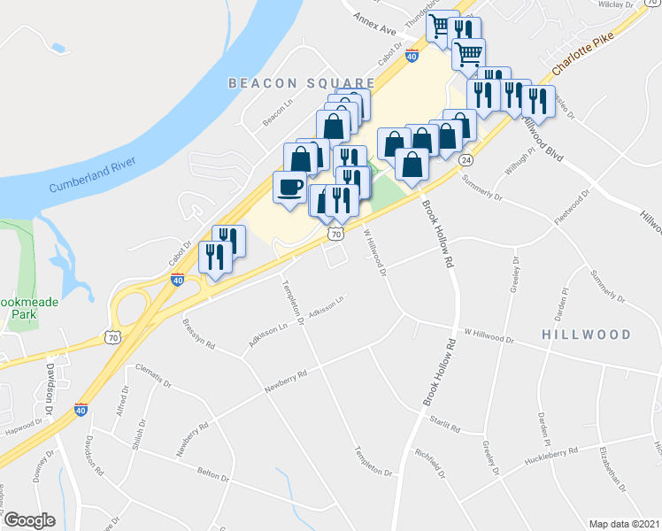 map of restaurants, bars, coffee shops, grocery stores, and more near 1248 Hillwood Private Cove in Nashville