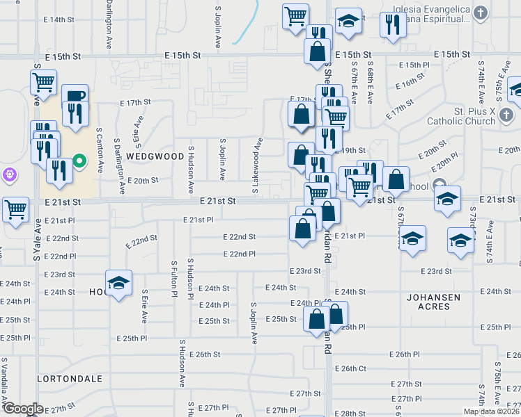 map of restaurants, bars, coffee shops, grocery stores, and more near 6117 East 21st Street in Tulsa